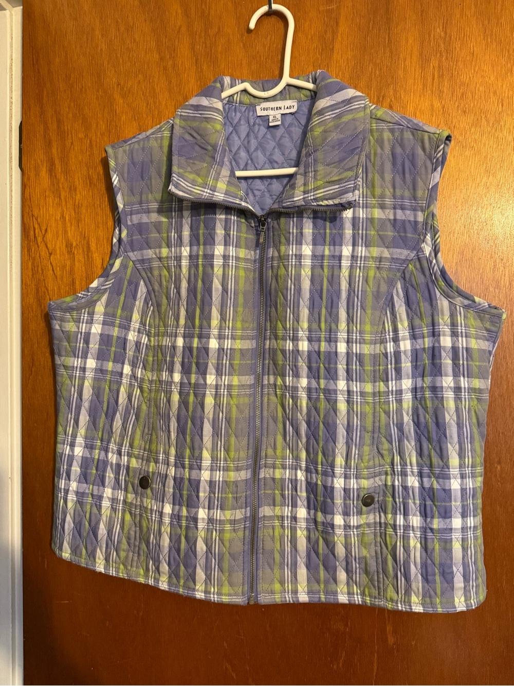 Southern Lady Quilted Plaid Zip Vest in Lavender, Green & White